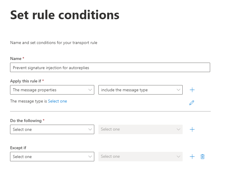 New rule configuration with name and Apply this rule if set to message properties