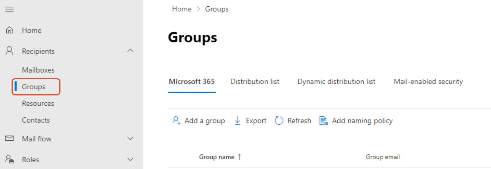 Exchange admin centre Groups menu